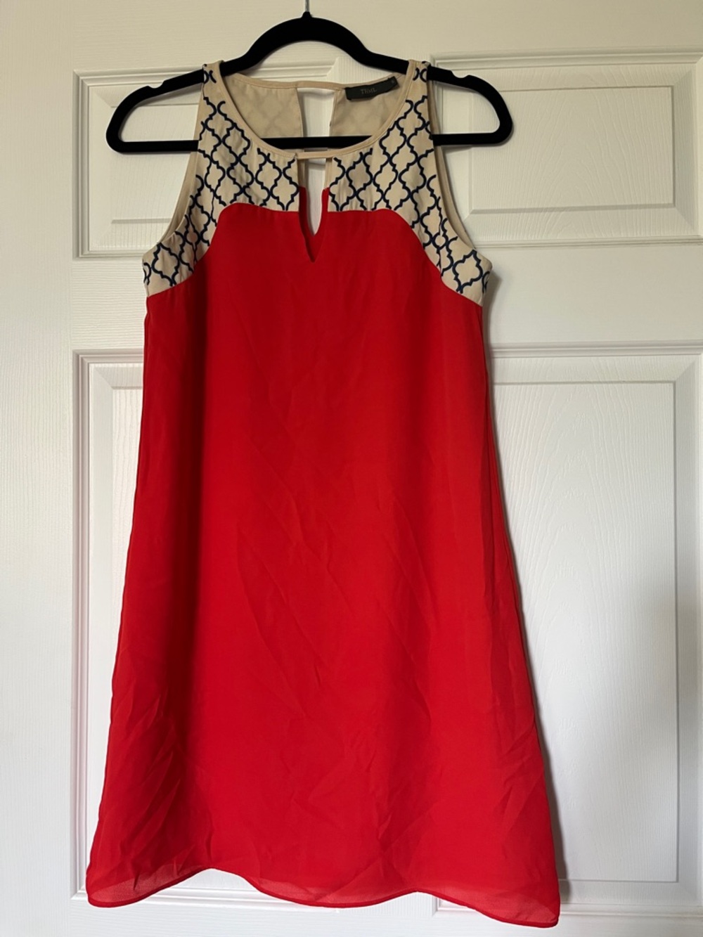 THML Red Mini Dress with Cream Navy Lattice Yoke